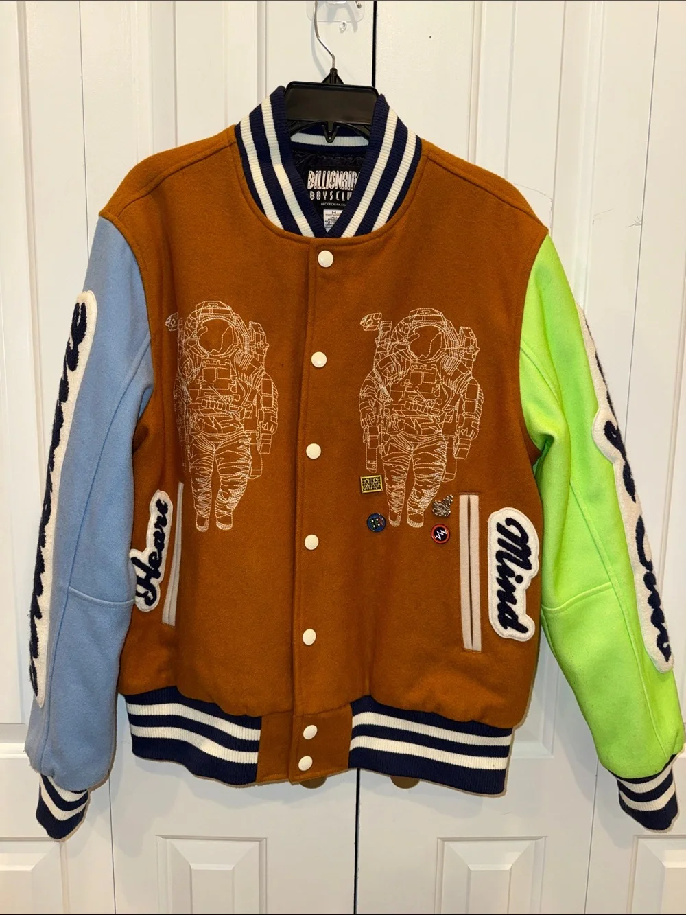 Billionaire Boys Club Brown Varsity Jacket with Light Blue & Neon Green‎ Sleeves